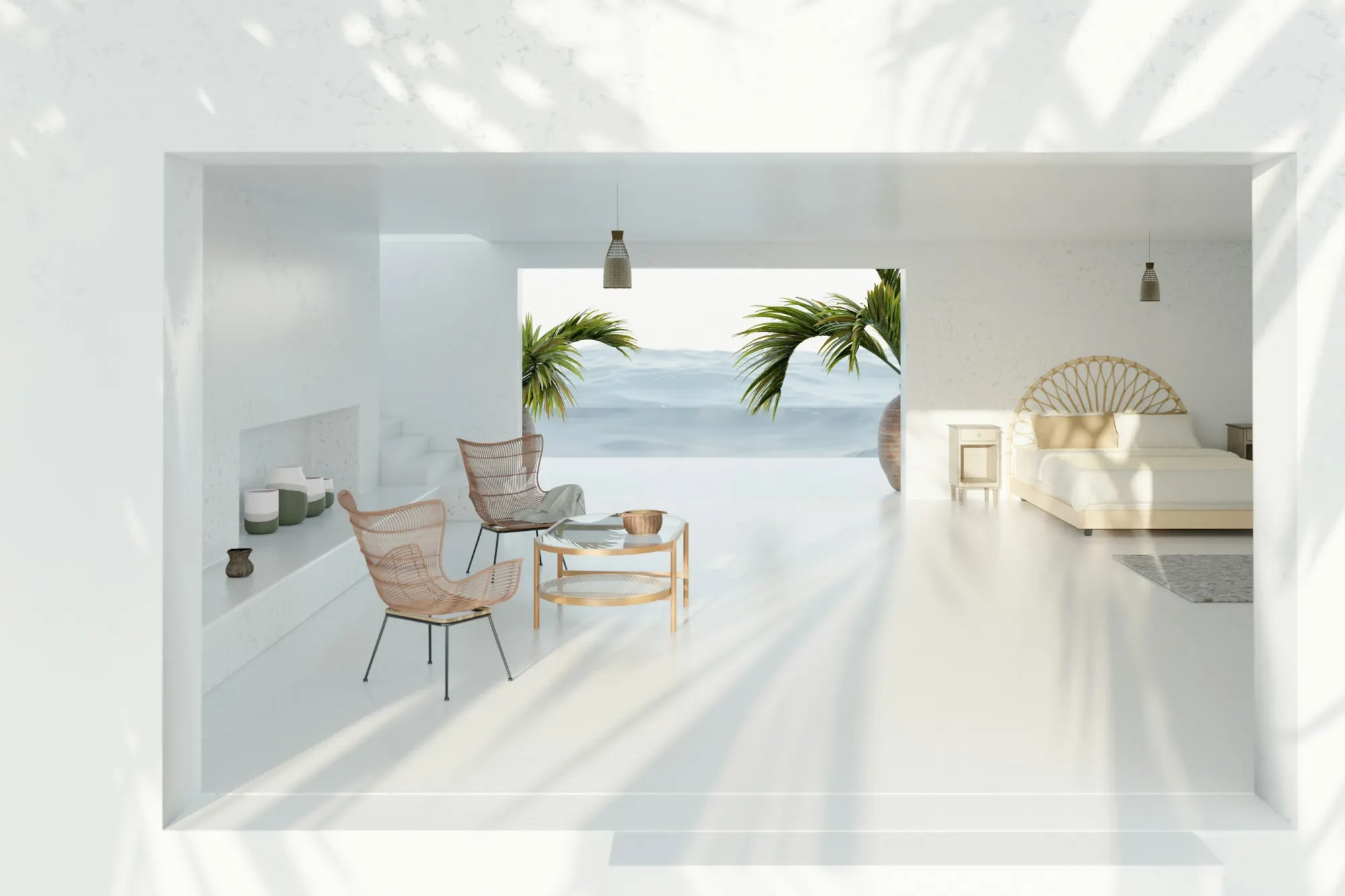 A sunlit white room opening onto the sea