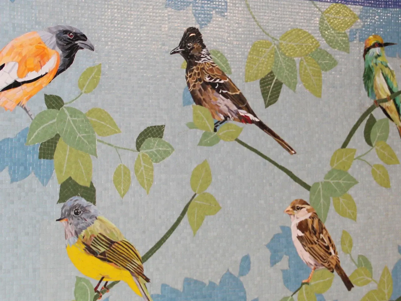 Birds of Delhi in hand-cut glass mosaic at Munirka metro station